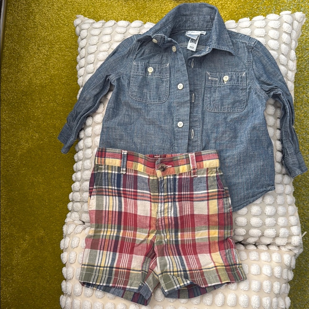 Denim button up shirt & Red and Yellow Summer Plaid Shorts